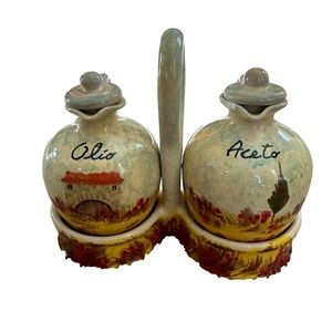 Olive Oil/Vinegar Set wi/Holder Countryside Scene Handpainted in Positano, Italy